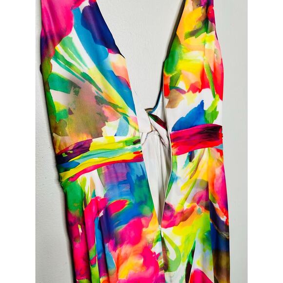 LIV FOSTER Tie Dye Multicolor Floral Abstract Side Cutout A-Line Gown Size 10 - Picture 11 of 16